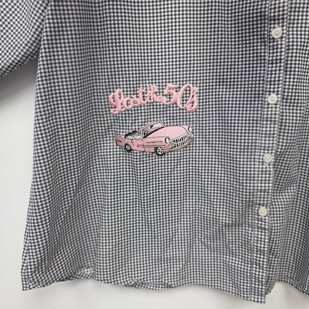 Las Olas Shirt Womens 1X Black Check Button 50s Rock Car Dancers Embroidered Top - Picture 3 of 10